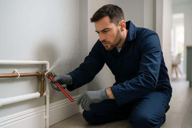 Engineer repairing a leaking pipe